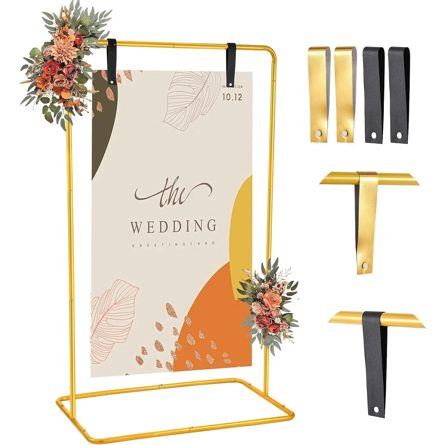 Gold Wedding Welcome Sign Easel Stand with Leather Straps, 68 x 31 x 20
