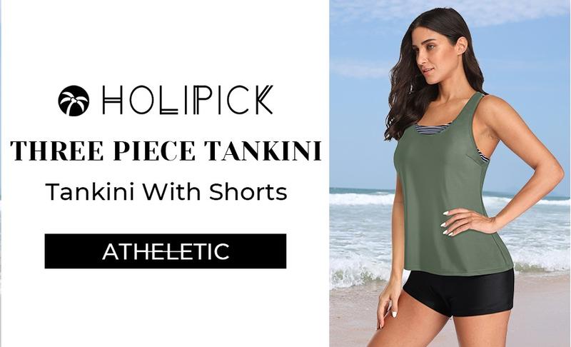 Holipick Three Piece Tankini Set Swimsuits for Women Bathing Suits Swim Tank Top with Bra Boy Shorts Teens Girls Swimwear