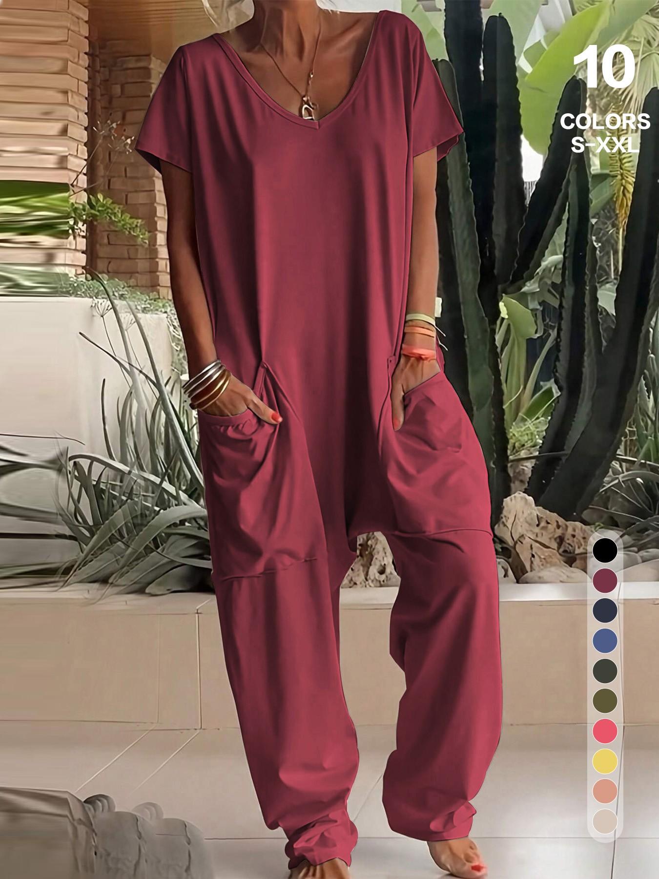 2026 Women's Casual Oversized Jumpsuit, Casual Jumpsuits, Short-Sleeve Batwing V-Neck Harem Pants With pockets, Loose Fit Wide Leg, Perfect for All Seasons, Stylish & Comfortable，Suitable for Daily Home Wear and Fashionable for Outings