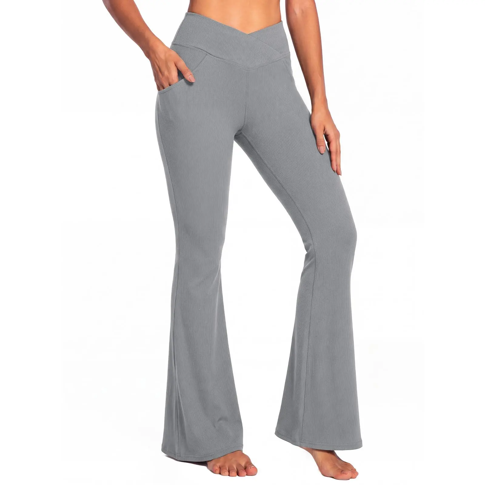 Aoysky Ribbed Flare Leggings for Women, Crossover High Waist Bootcut Yoga Pants with Pockets, Tall Length, Sporty Chic
