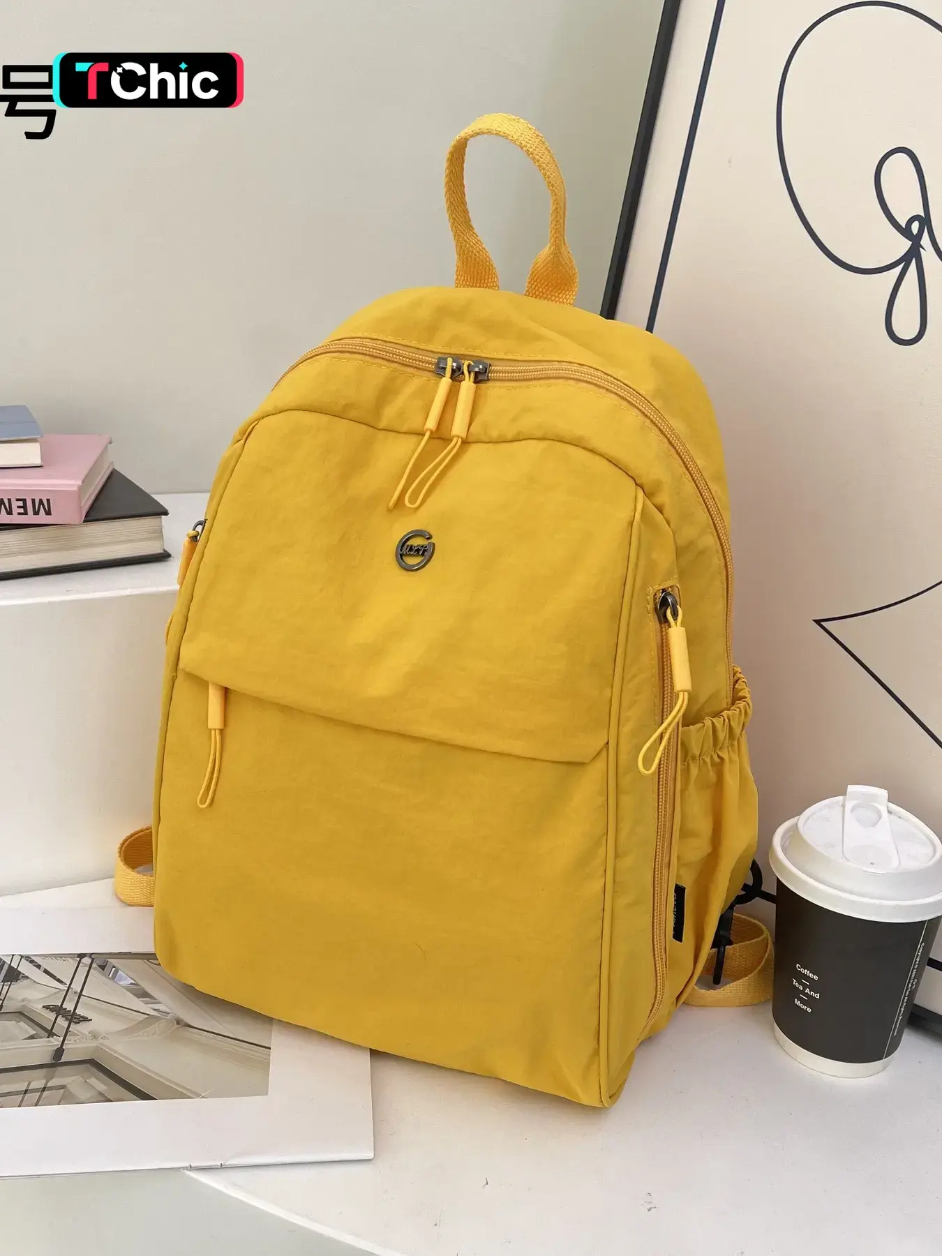 Solid Color Fashion Casual Travel for Women - 2 Sizes 4 Colors Grey/Green/Yellow/Black, Large Capacity School Bag for Junior High to College Students Daily Use Zip Backpack