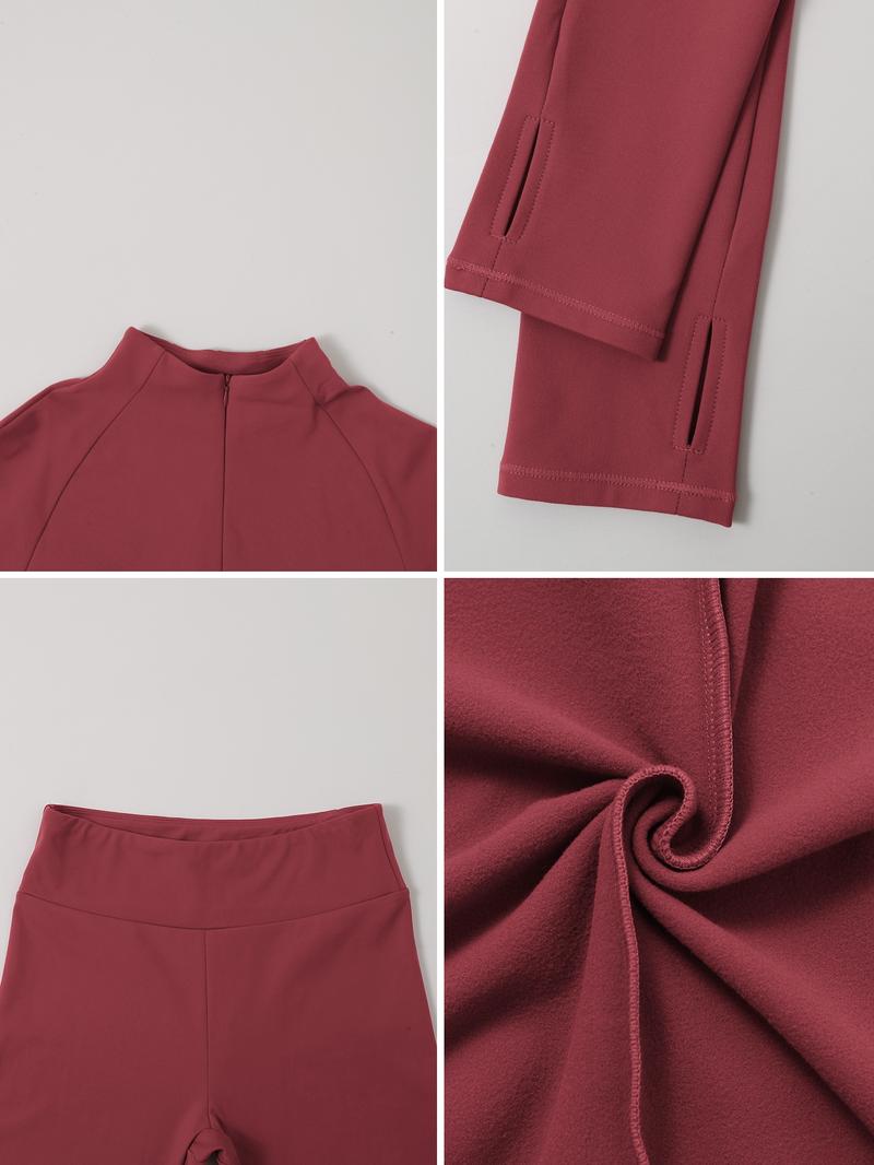 Women's Fleece Lined Sportswear Set, Yoga Clothes Set, Yoga with Stand Collar Zipper Thumb Hole Long Sleeve Top High Waist Tight Pants