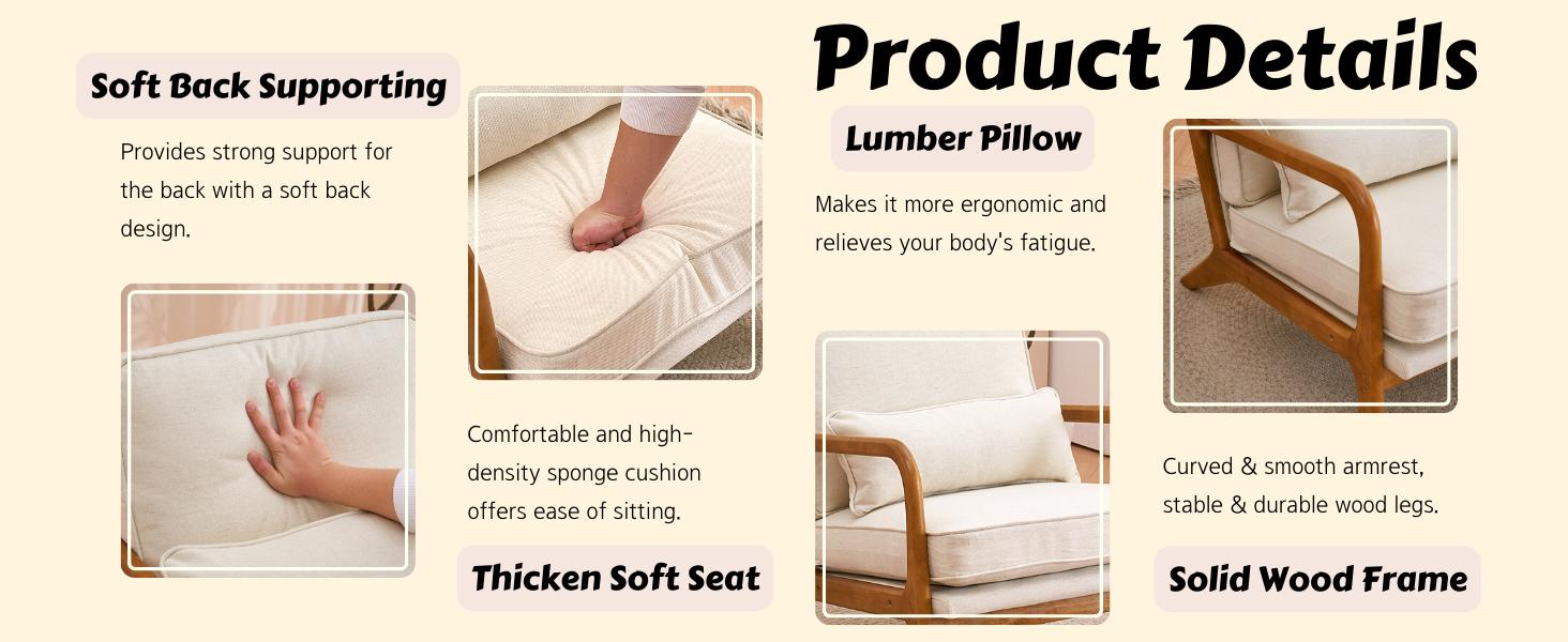 Karl home Accent Chair Mid-Century Modern Chair with Pillow Upholstered Lounge Arm Chair with Solid Wood Frame & Soft Cushion for Living Room, Bedroom, Belcony, Beige