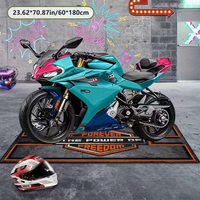 Tufted Motorcycle Garage Rug, Modern Print Design, Easy Clean Material, Ideal for Indoor/outdoor Use, Perfect for Motorbike Enthusiasts