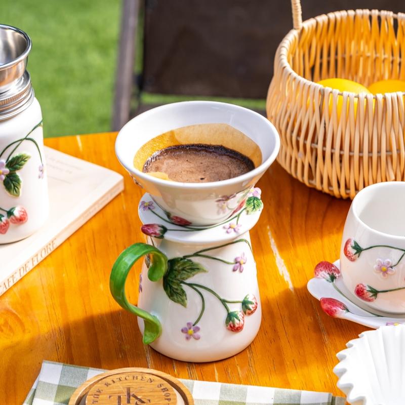 Strawberry Ceramic Hand-Crank Coffee Grinder Set, Home Manual Pour-Over Coffee Maker, Milk Jug, Cup & Saucer Series