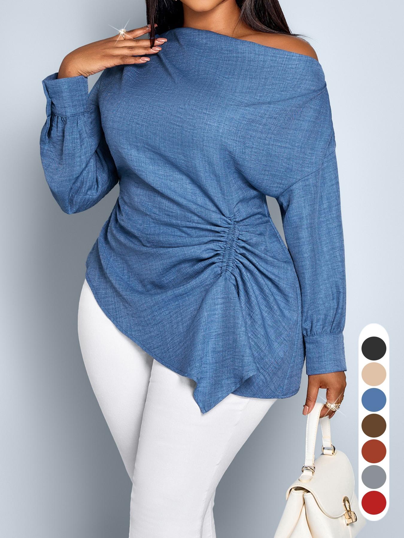 Women's Casual Fall Shirt Blouse, Plain Long Sleeve Asymmetrical Hem Top, Fitted Woven Fabric, Ideal for Daily Wear & Commuting