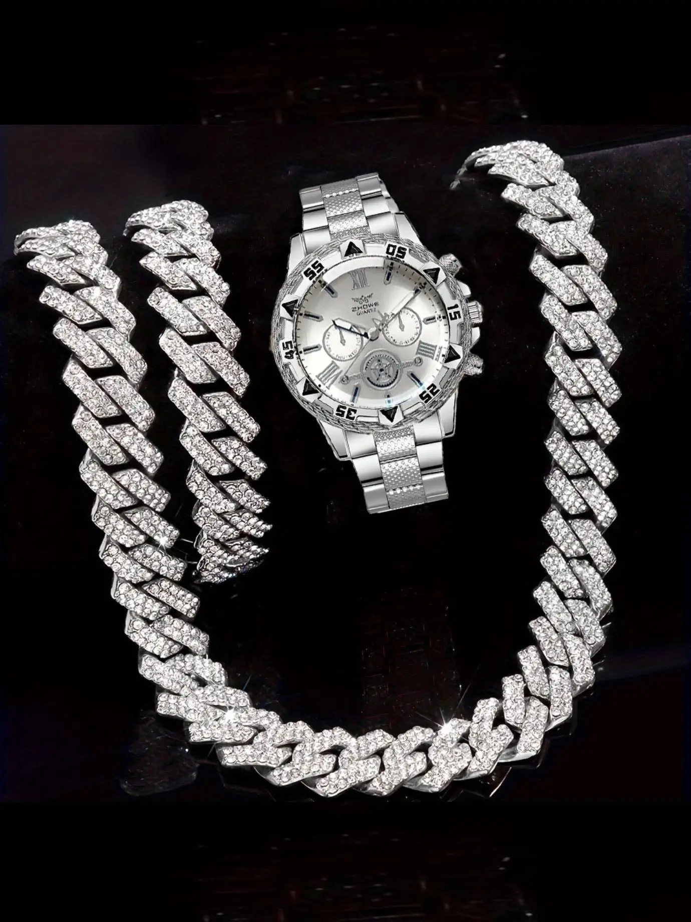 Men's Watch Set, Men's Business Quartz Watch Set - 3pcs/set with Cuban Chain Hip Hop Necklace & Bracelet - Father's Day Gift - Perfect for Giving Gifts Cuban Link Set