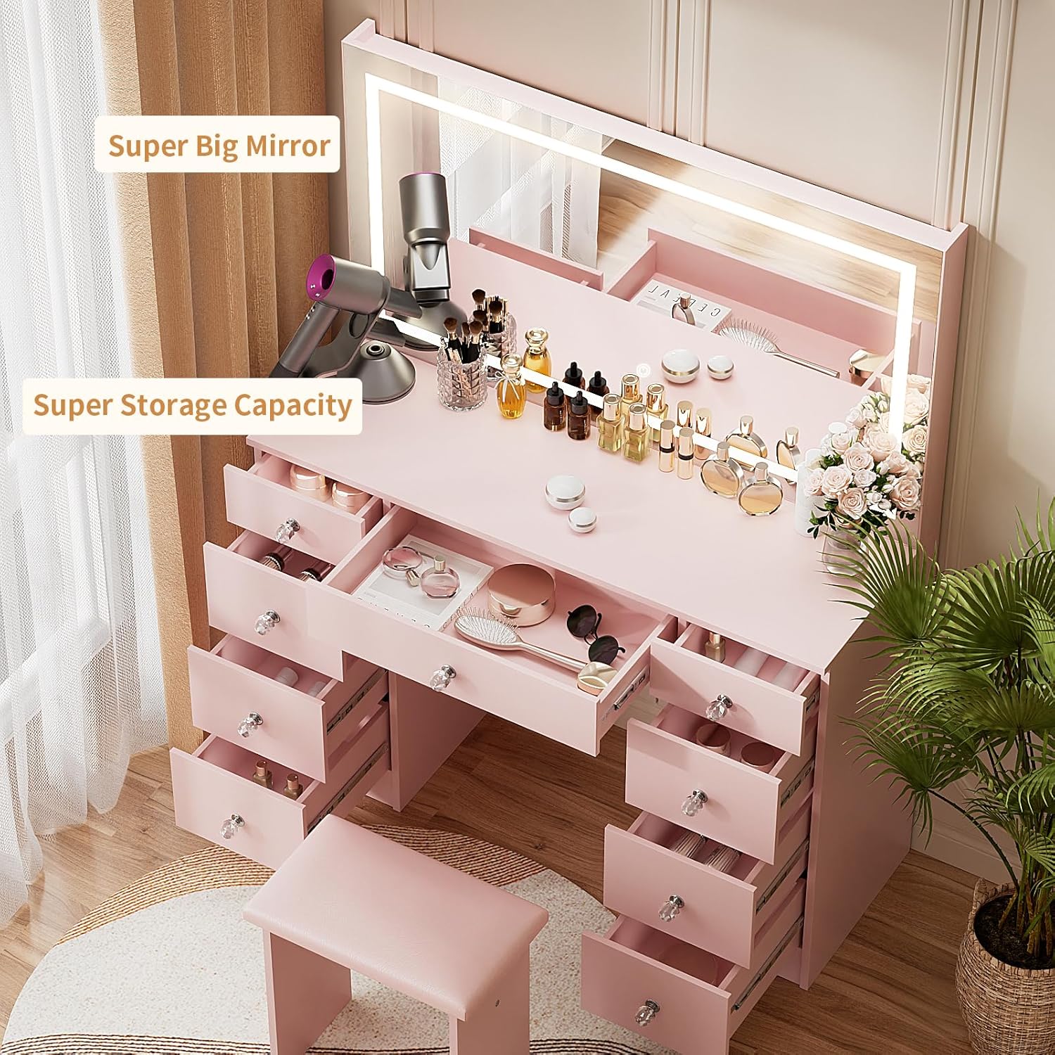 VOWNER 54'' Tall Makeup Vanity Desk with Lighted Mirror ,9 Drawers, Soft Cushioned Stool for Bedroom