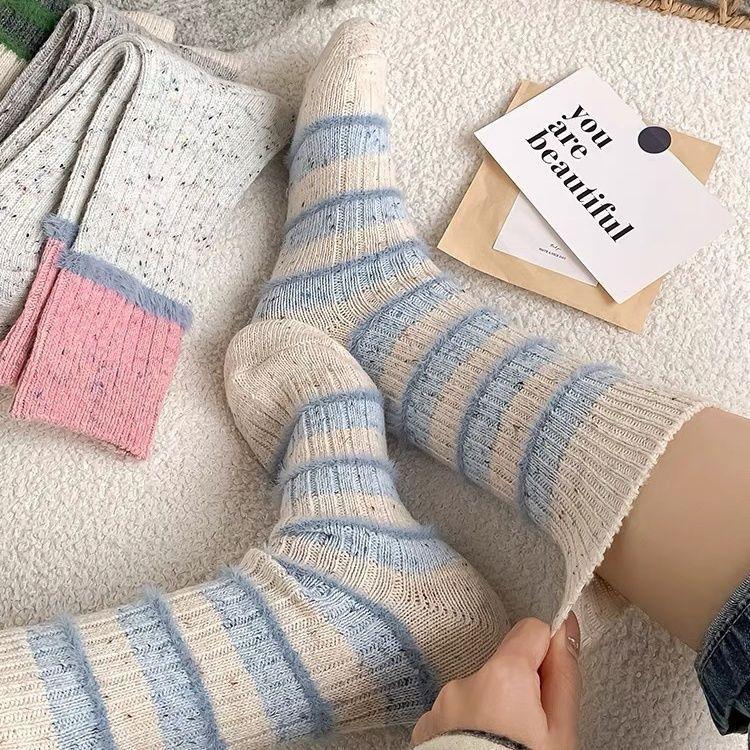Women's 4PCS Slouch Fit Thick Wool Mid-Calf Socks - Korean Ins Style Color-Block Dot Thick Yarn Thermal Socks for Lady Autumn Winter Daily Wear (Sports & Outdoor Use)