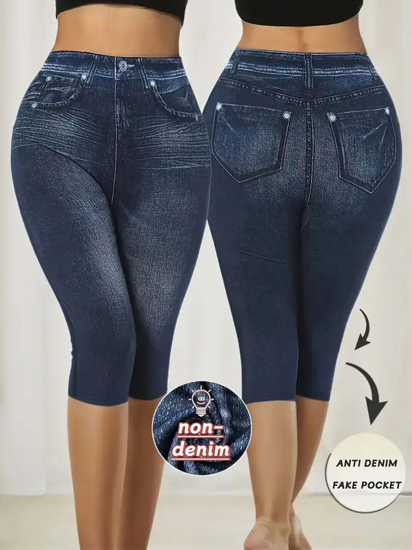 Women's Printed Skinny Pants Non-Denim Fabric, Ladies Seven-Inch Print Jeans-Like Bottoms, All Seasons Fashion