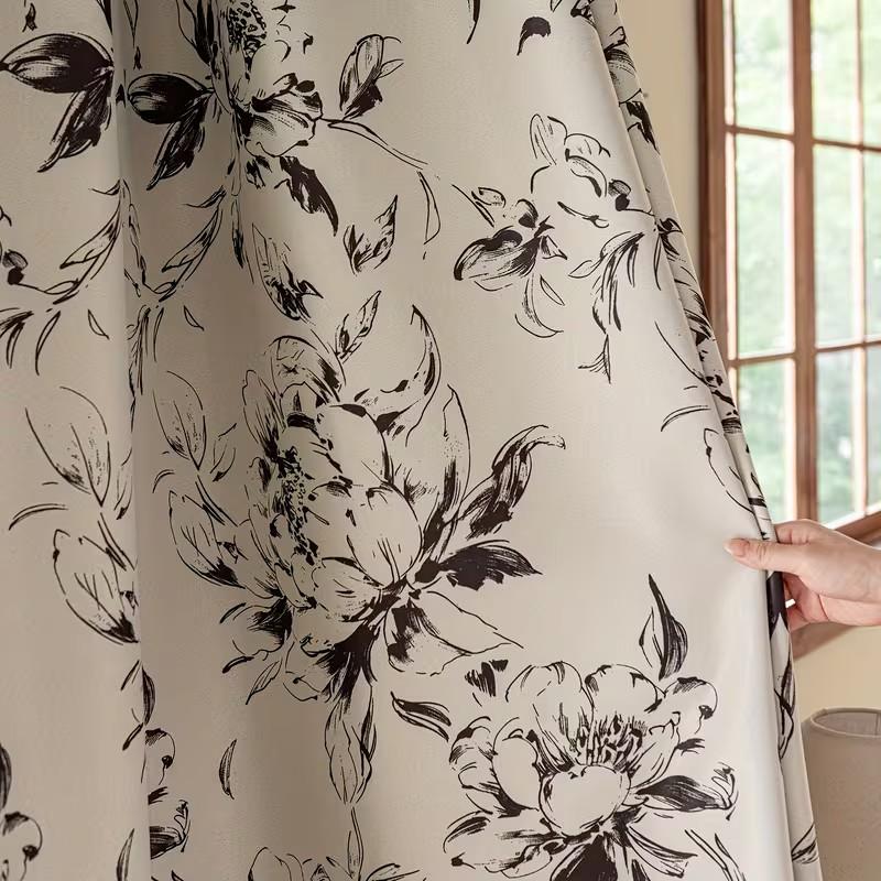 1pc New Traditional Ink Floral Drapes, High Light Blocking, Modern Style, Living Room Bedroom Privacy Decor Curtains, Single Piece