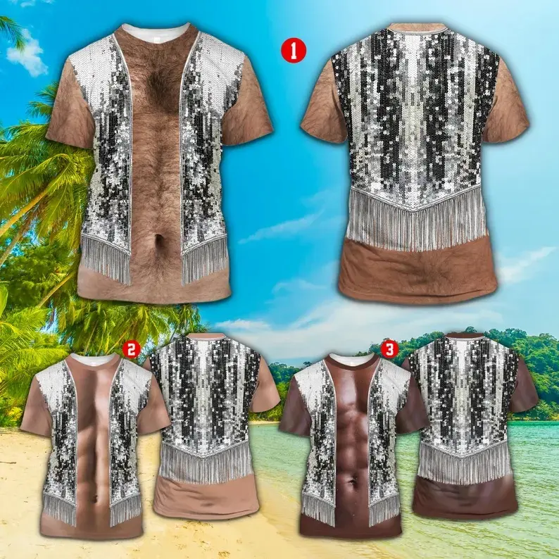 3D Hairy Body Sequin Vest T-Shirt for Men, Funny Sparkle Fringe Muscle Illusion Shirt Adult Party Costume Tee for Bachelor Beach Gift # Funny Shirt # Summer Party # Summer Outfit # Ugly Shirt