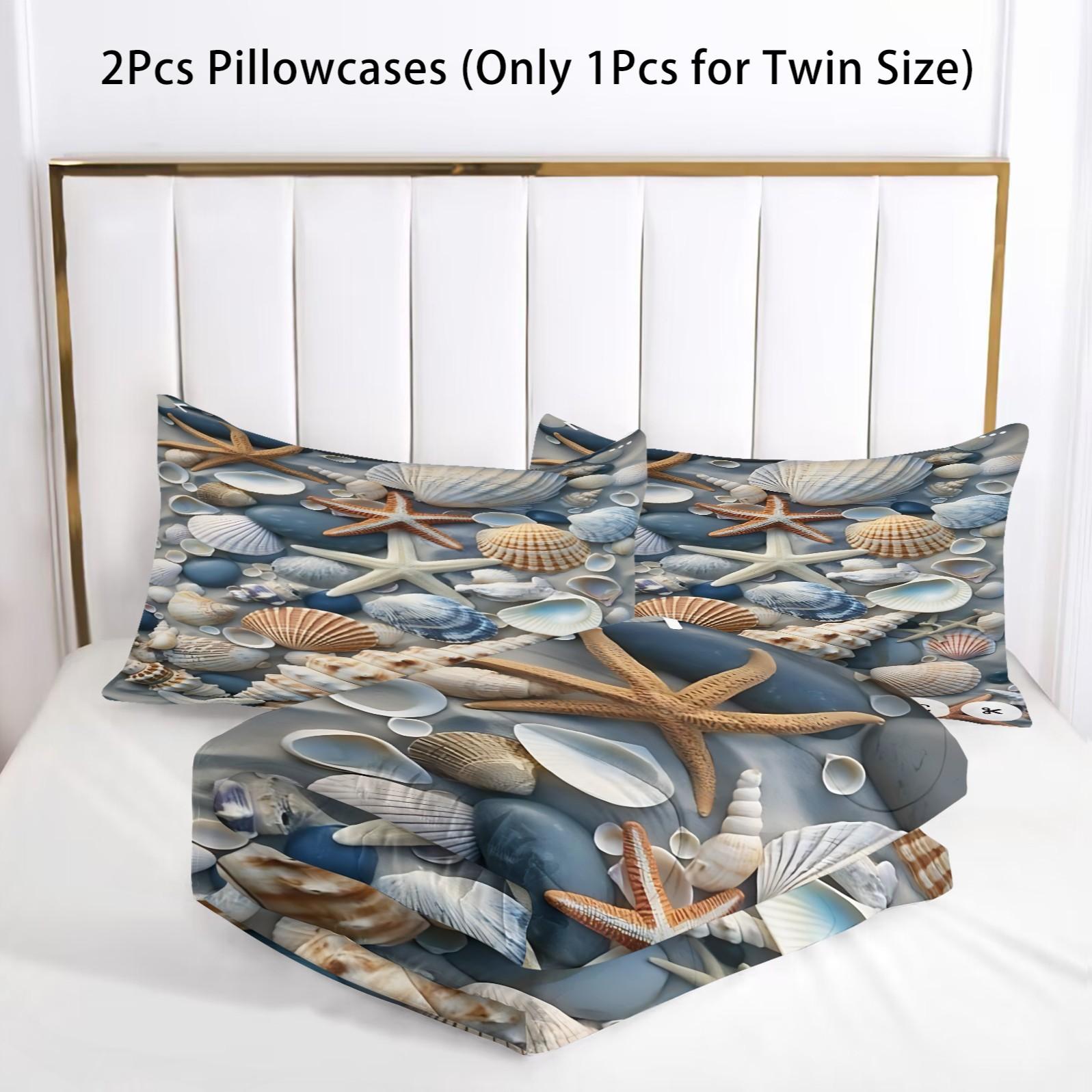 Seashell & Starfish Comforter Set-with Silk-Cotton Filling, Coastal Beach Themed Bedding Set, 3D Digital Print Bed Set with Includes 1/2 Pillowcases - without Core, Soft Microfiber Bedding, All Season Cozy Quilt for Beach Lover Bedroom Decor Bedding Set