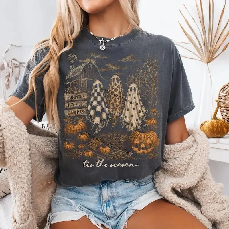 Tis The Season Ghost Trio Shirt, Pumpkin Patch Ghosts Sweatshirt, Farmhouse Halloween Comfort Colors, Checkered Leopard Polka Dot Ghosts, Fall Shirt Design