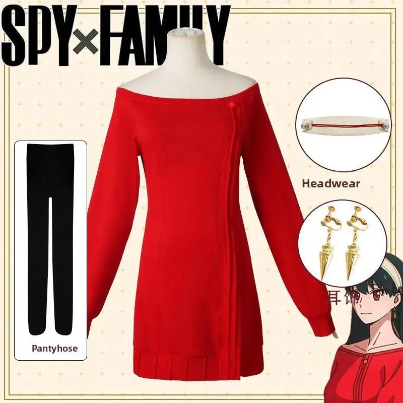 Anime Spy X Family Yor Forger Cosplay Costumes Red Sweater Dress Suit Casual Wear Black Braid Wig Halloween Costume for Women