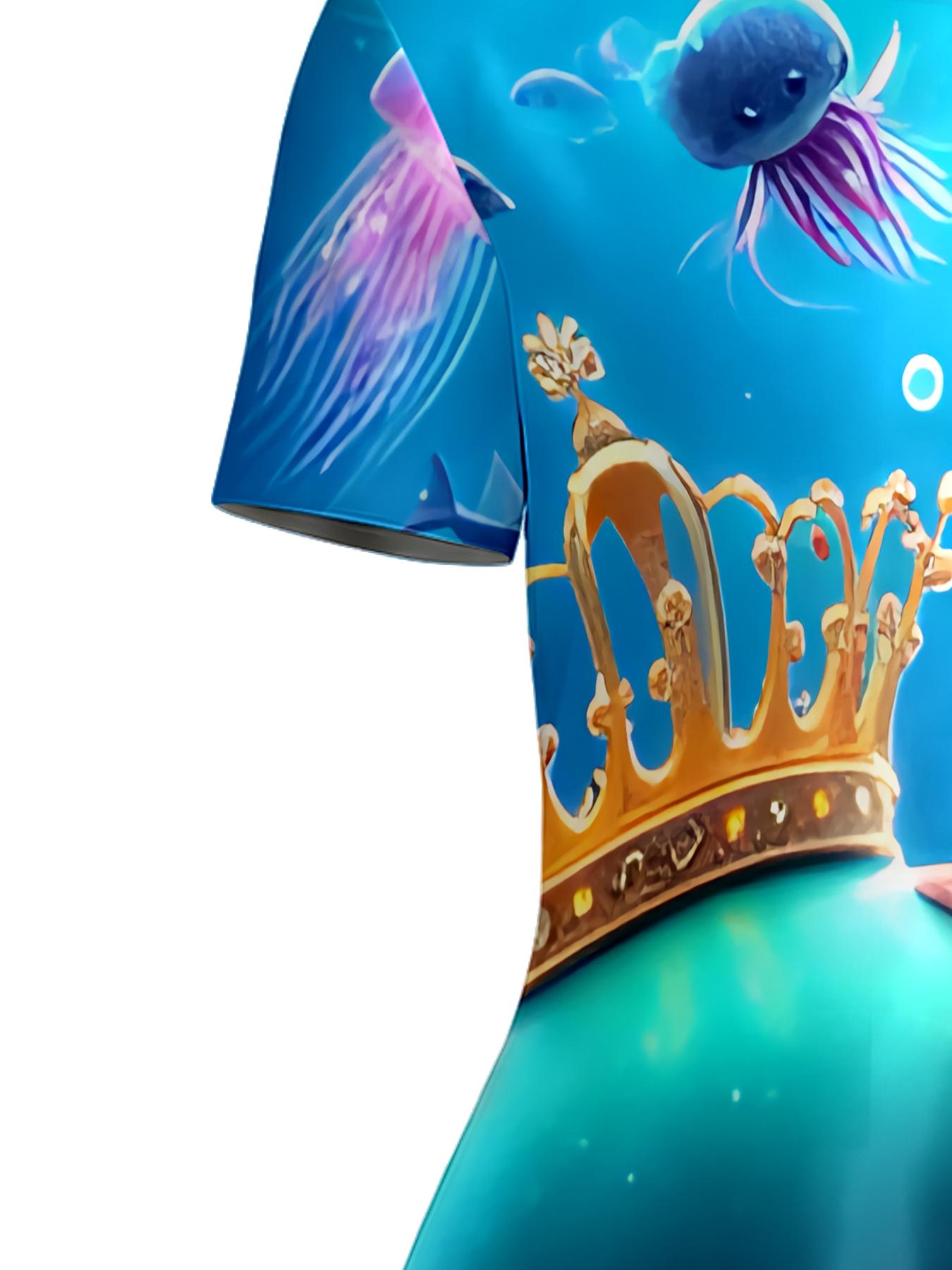 Girls Summer Mermaid Octopus Print Dress, Kids Underwater World Crew Neck Short Sleeve A-Line Dress