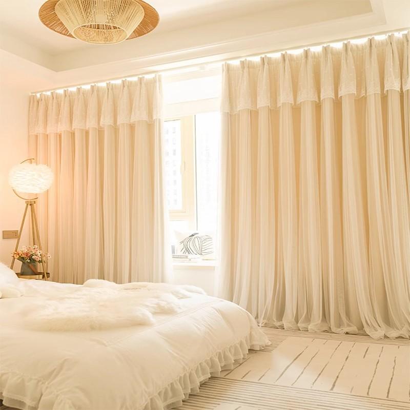 French Cream Lace Curtains Set, Princess Style Bedroom Sheer Drapes, Living Room Balcony Decorative Curtains, Multiple Colors Available