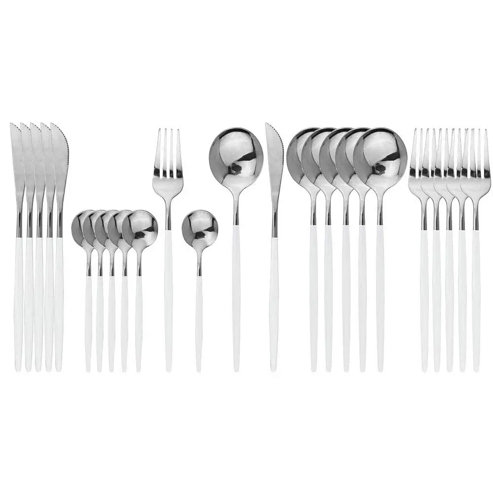Flatware Serving Set 24 Piece, Stainless Steel Silverware Set, White Silver Cutlery Set, Modern Elegant Tableware Set for Party, Christmas, Dinner (White Silver)