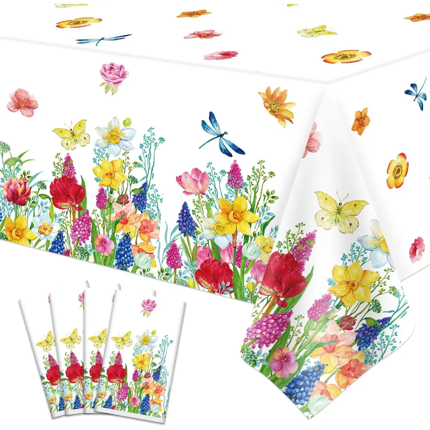 4 Pack Summer Floral Plastic Tablecloth Watercolor   Table Cover Spring Disposable Plastic Tablecloth Picnic Table Cloth Flower Party Decorations Flower Theme Birthday Decor 86 x 51 Inch