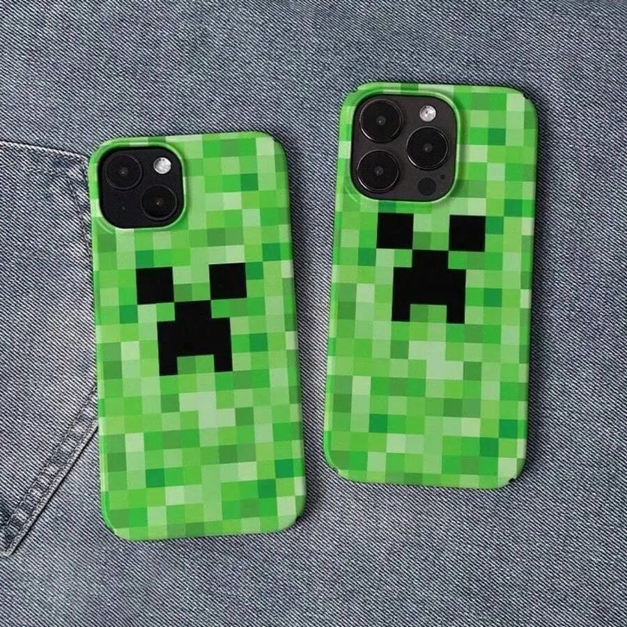 Green Pixel Block Game Character Phone Case, Shockproof Anti‑Drop Cover for iPhone 17 16 15 14 13 12 11 Pro Max. Retro 8‑bit pixel art monster face print, scratch‑resistant sturdy daily‑use protection against drops and scuffs.,Christmas,Delight,Magnetic