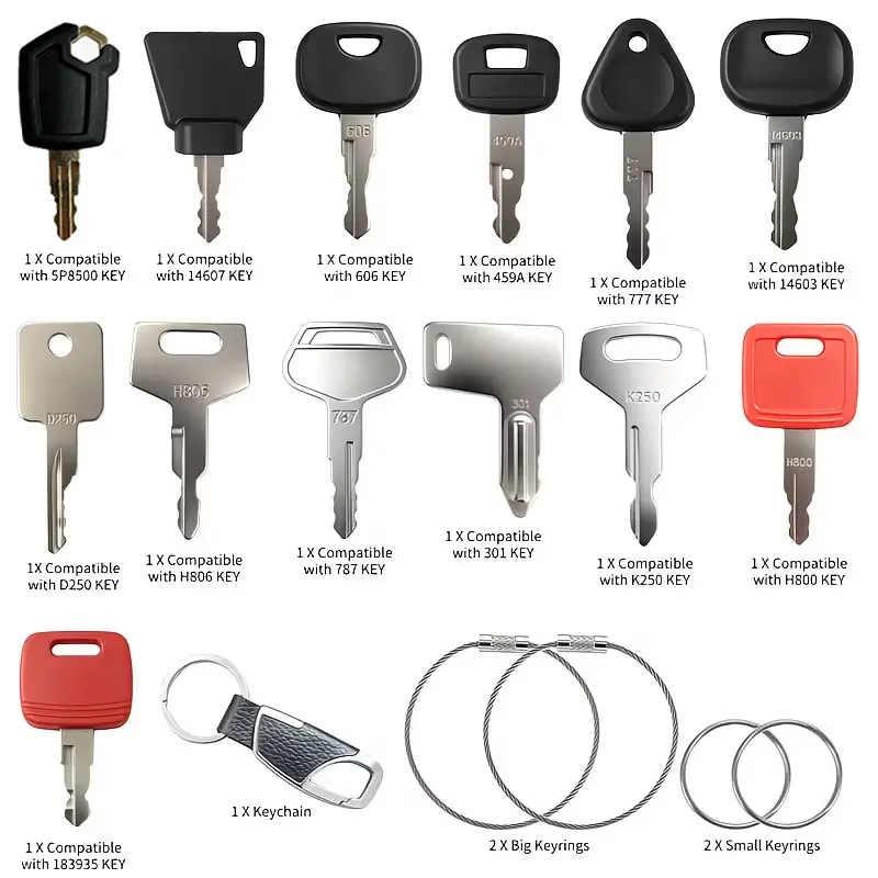 18PCS Universal Heavy Equipment Ignition Key Set – Multi-Model Construction Machinery Start Keys (Includes Key Fob and Ring) – Suitable for Excavators, Loaders, Forklifts, and Tractors