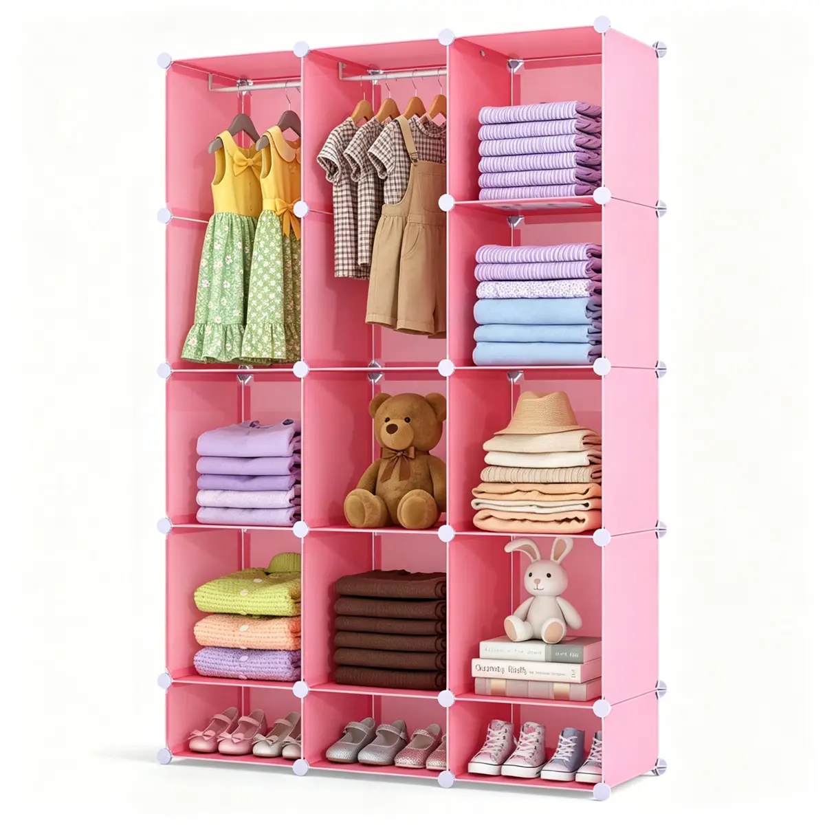 DIY Modular 13-Cube Storage Wardrobe Organizer with Hanging Rod, PP Panel & Metal Frame, Tool-Free Assembly, Waterproof Storage Closet Cabinet
