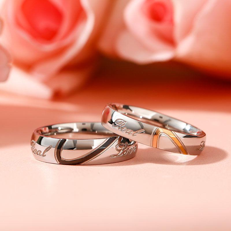 Jeulia Two Tone Hear Titanium Steel Women's Band Crossover Custom Engraved Couple Wedding Ring Sets for Him and Her