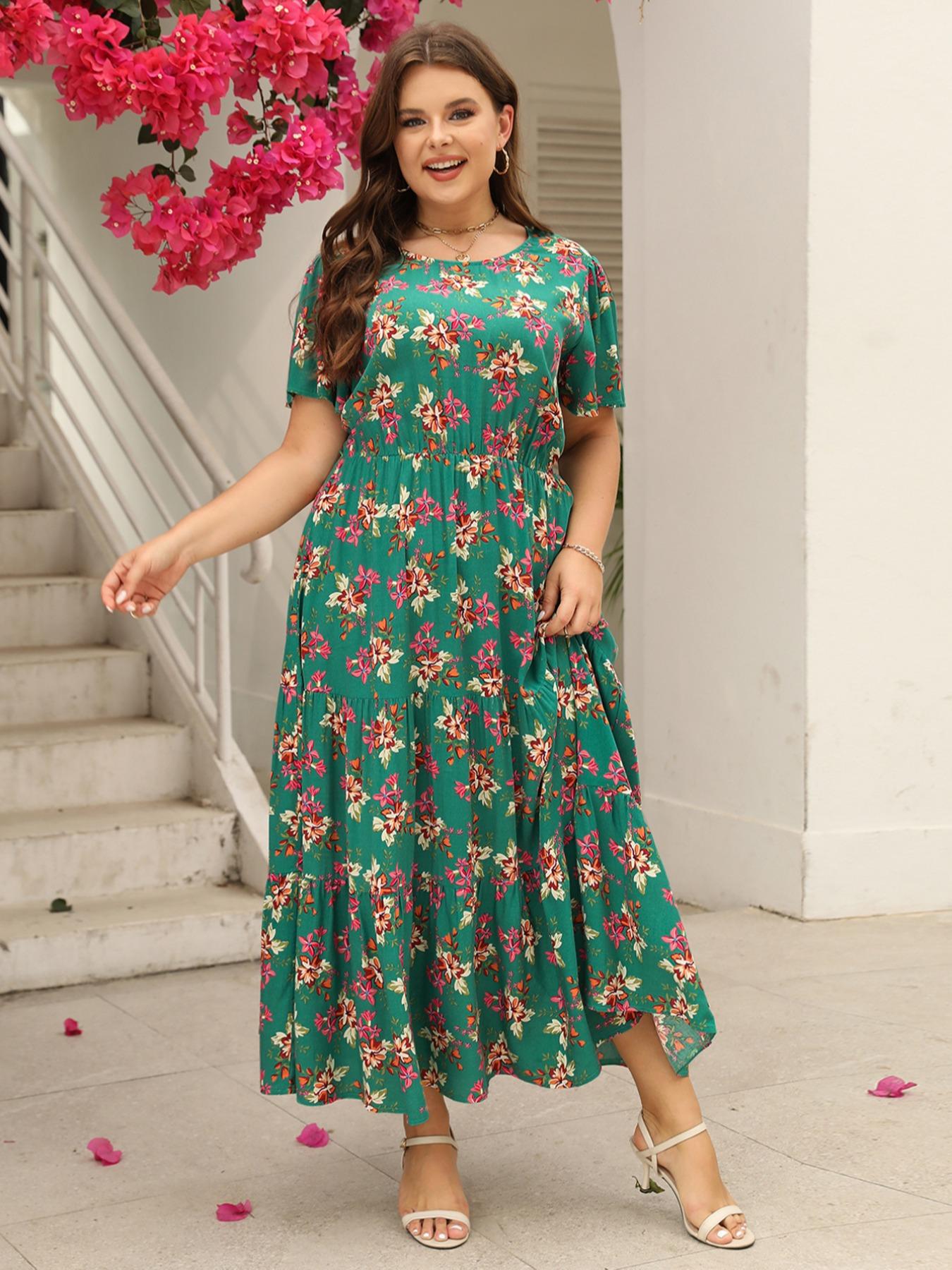 Women's Ditsy Floral Print A Line Dress, Boho Fashion Casual Plus Size Short Sleeve Dress for Daily Wear, Women Clothing, Womenswear, Summer Boho Clothes Women