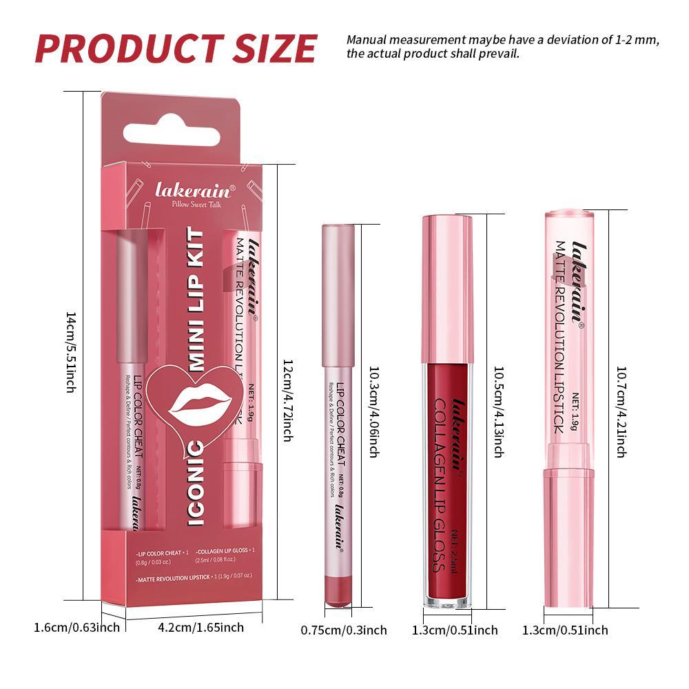 Iconic Mini Lip Kit, 3 Counts/Set, Waterproof and Smudge-Proof Lipstick Set, High-Pigment Lip Liner, Matte Lip Pencil, Lip Liner+Matte Lipstick+ Lip Gloss, All-in-One Longwear Lip Makeup, for Outdoor and Travel, Lip Cosmetics, Lip Makeup
