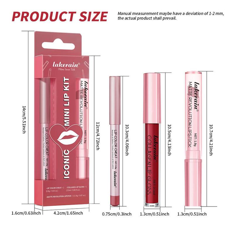 Iconic Mini Lip Kit, 3 Counts/Set, Waterproof and Smudge-Proof Lipstick Set, High-Pigment Lip Liner, Matte Lip Pencil, Lip Liner+Matte Lipstick+ Lip Gloss, All-in-One Longwear Lip Makeup, for Outdoor and Travel, Lip Cosmetics, Lip Makeup