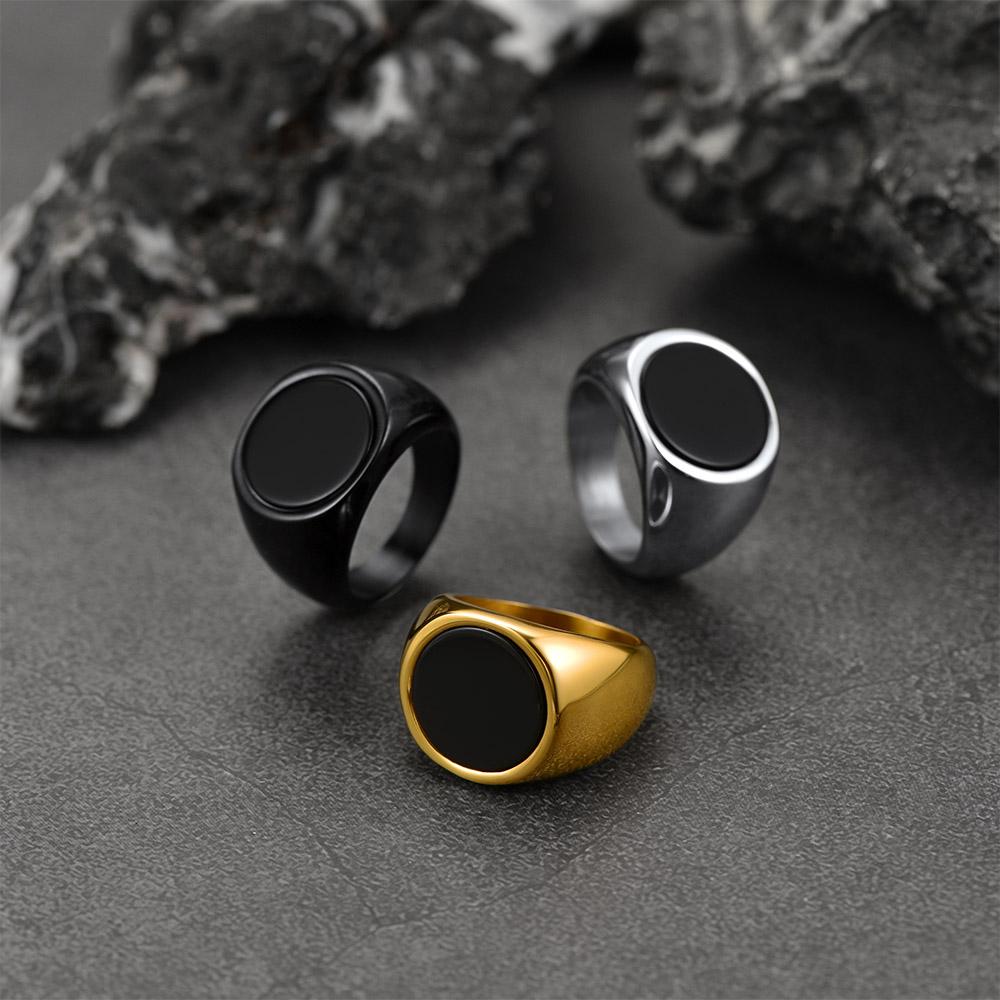 FaithHeart Round Black Onyx Signet Ring for Unisex Stainless Steel Father's Day gift