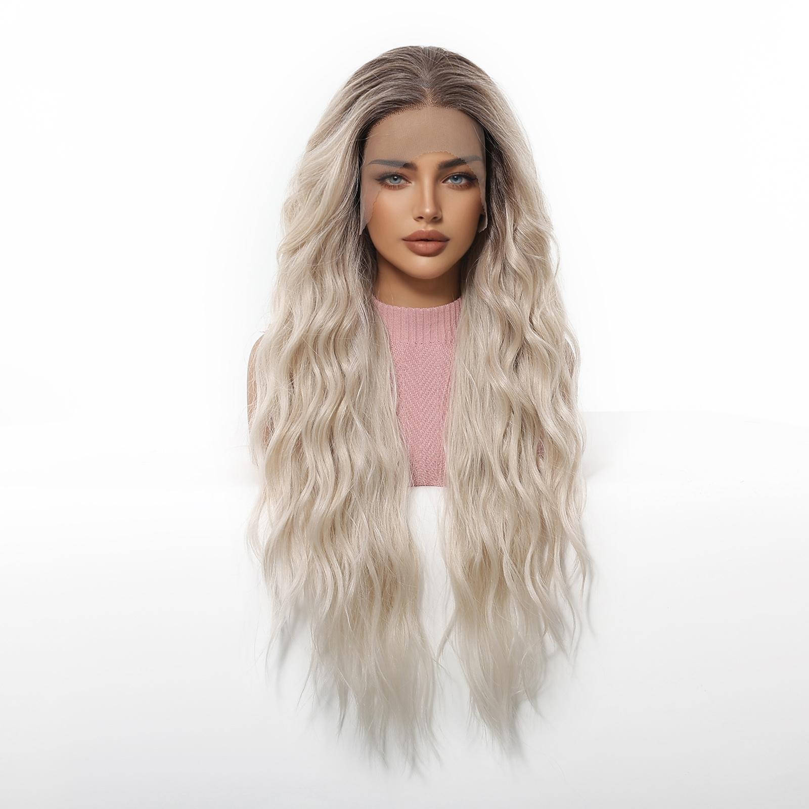 13x6 Lace Front 30 Inch Wig, Heat Resistant Synthetic Hair, Ash Brown Root Ombre Platinum Blonde Layered Long Wavy Wig, Natural Daily Style, Breathable & Easy to Wear, Versatile for Daily Commute, Beginner-Friendly