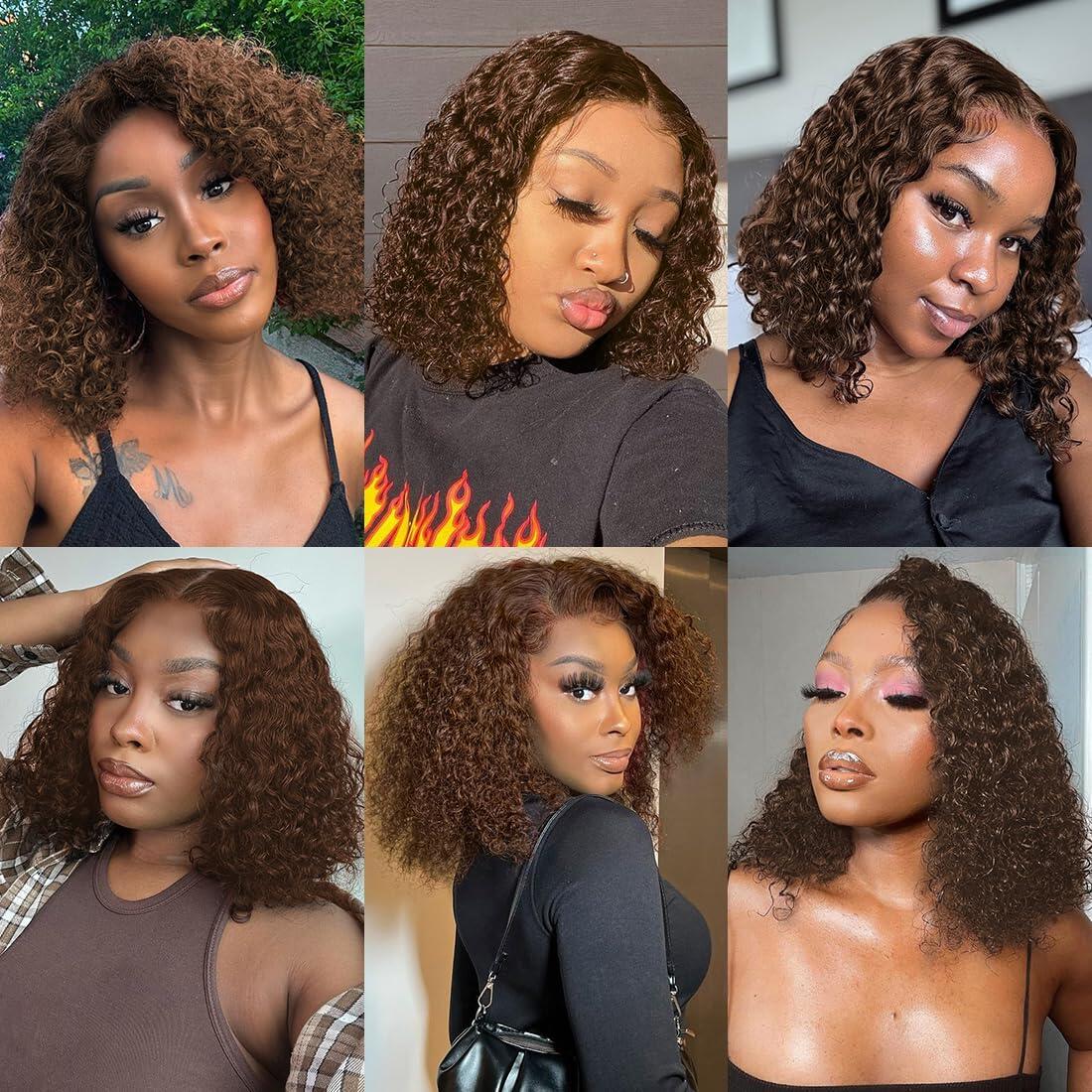Chocolate Brown Curly Bob Transparent Lace Front Wigs Human Hair 180% Density 13x4 Bob Curly Lace Front Wigs Human Hair Pre Plucked for Black Women