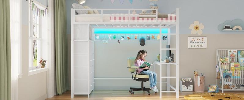 Sikaic Twin Size Loft Bed with Desk and 8 Storage Drawers Metal Loft Bed with LED Lights & Charging Sation, Storage Shelves, 13.1" H Safety Guard & Ladder Bedroom Bedframe Bedroom Furniture