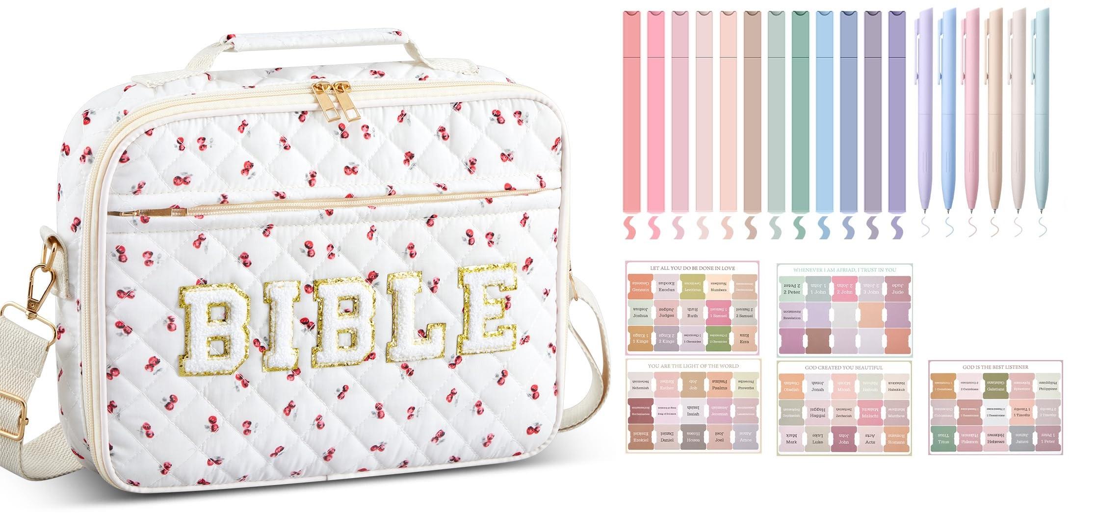 Bible Bag for Women, Floral Bible Bag 12x9x2.5in Large Chenille Letter Bible Cover PU Leather Bible Case with Tabs Colored Pen Highlighters Tote Bag with Shoulder Strap, Bible Journaling Kit Easter Gift for Church Women Girls,Sunday Prayer Supplies