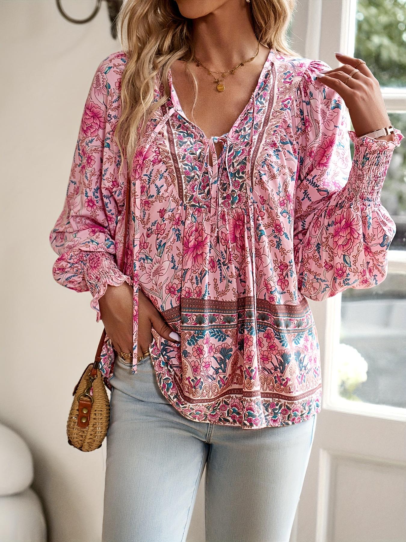 Boho Chic Floral V-Neck Blouse with Tie Detail - Long Sleeve, Casual Resort Wear for Women, Temperament, Fringed Shirt, Leisure Style, ALL/Global/All Top Boh Bohemian emian Bohemian Womenswear Fitted Top