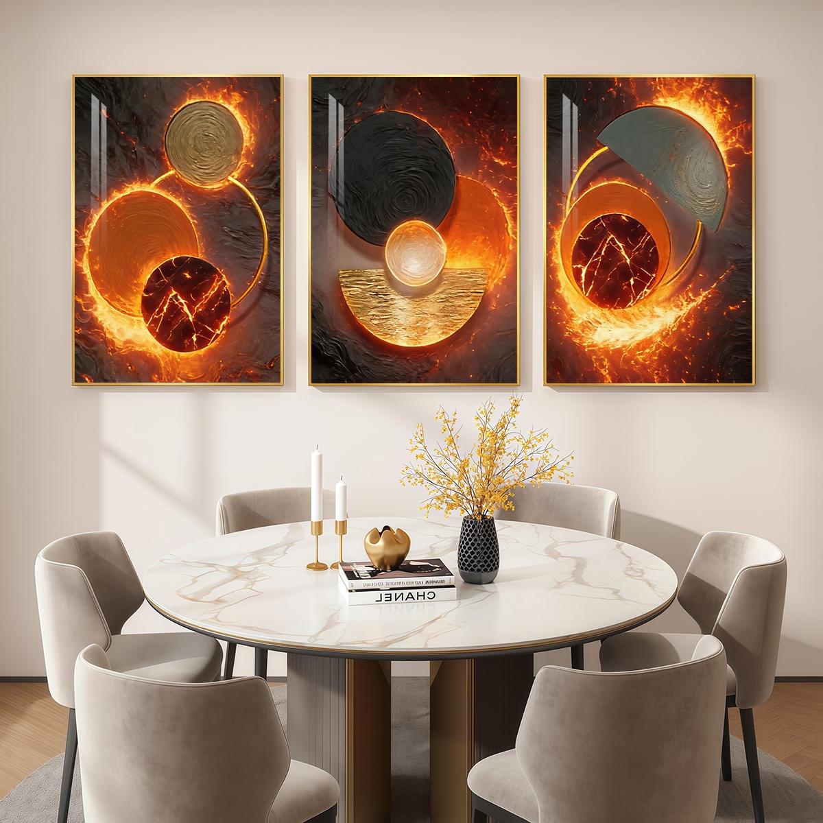3 Counts Aluminum Alloy Framed Painting, Abstract Fire And Lava Geometry Pictures, Home Decoration For Living Room, Bedroom, Office, Restaurant, Hallway Wall Decor, Odorless Print Artwork, Luxury Perfect Gift For Friends And Family