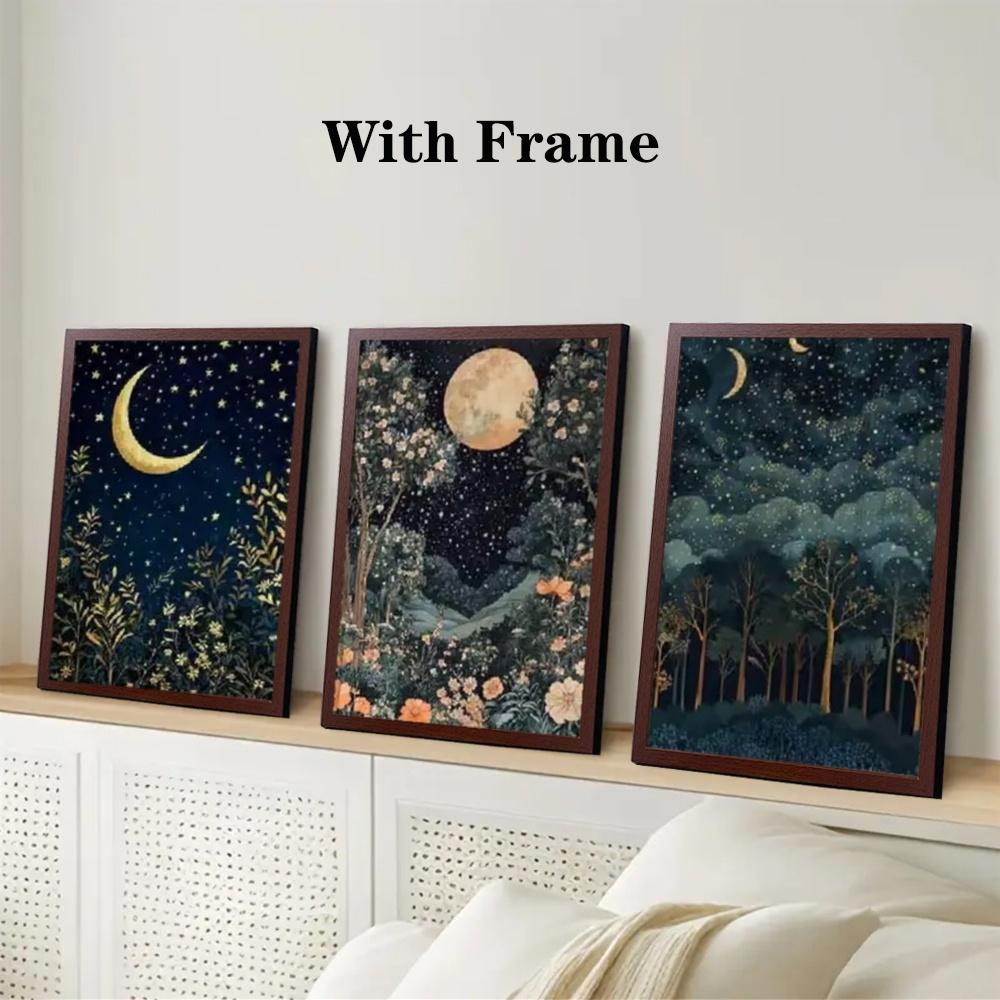Optional Wooden Frame William Morris Artistic Canvas Art Prints Floral Boho Print 3pcs Gold Decor Decoration Moon Poster Night Sky Botanical Floral Wall Artwork for Bedroom