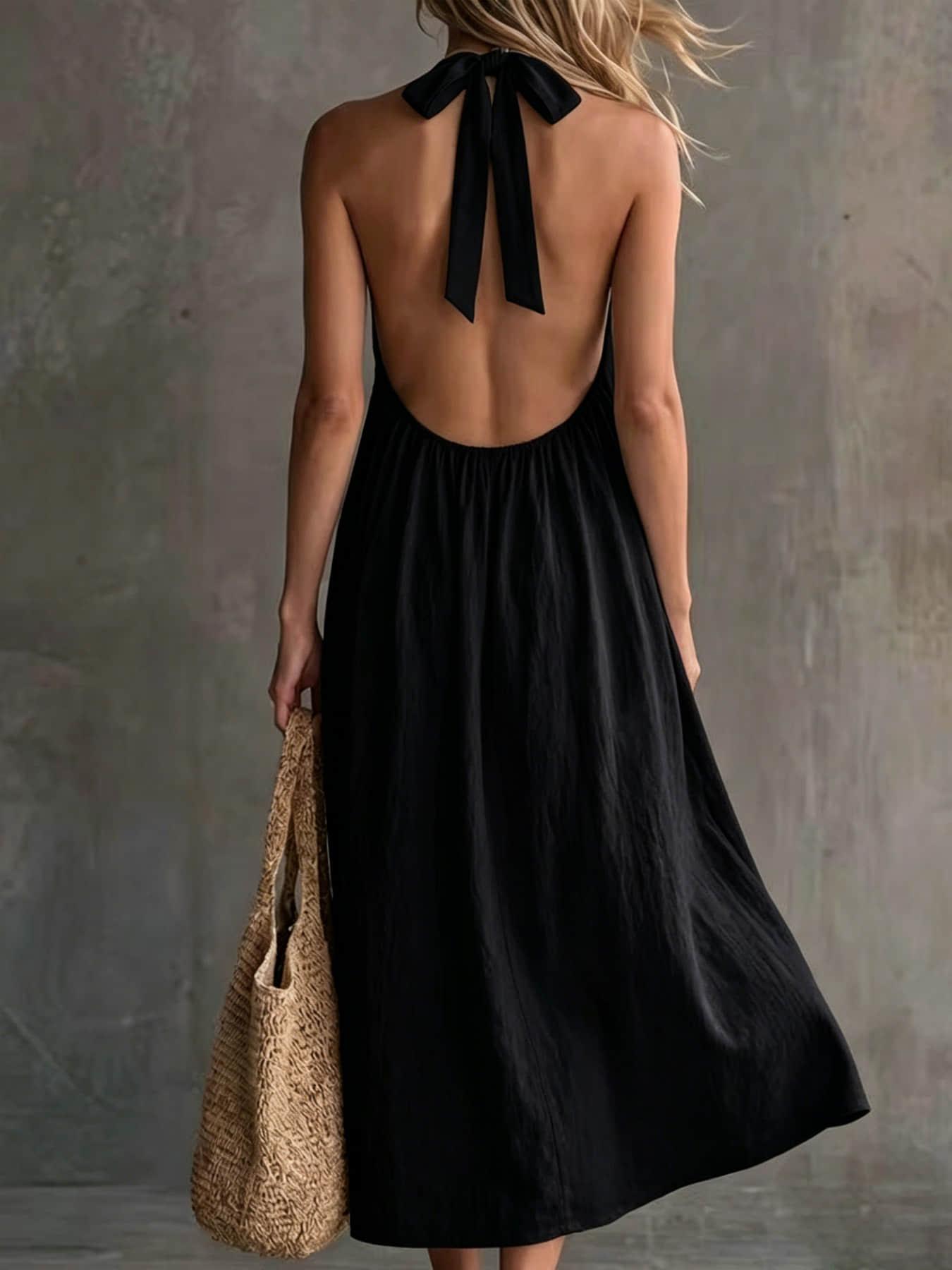 A fashionable women's neck hanging V-neck dress, summer Minimalist Casual loose sleeveless mid length lazy vacation long dress beach party dress suitable for beach vacation, coffee shop relaxation, afternoon tea, daily commuting, light office banquet