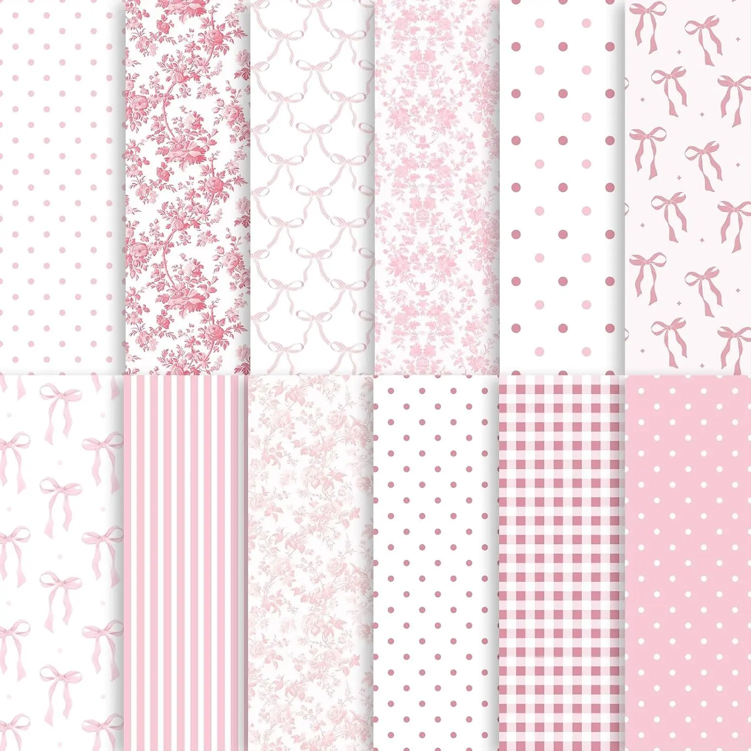 24 Sheets Preppy Pink Bow Scrapbook Paper, Coquette Bow Ribbon and Floral Decorative Craft Paper Folded Flat for Birthday Wedding Baby Shower Card Making Photo Album Decor, 12'' x 12''