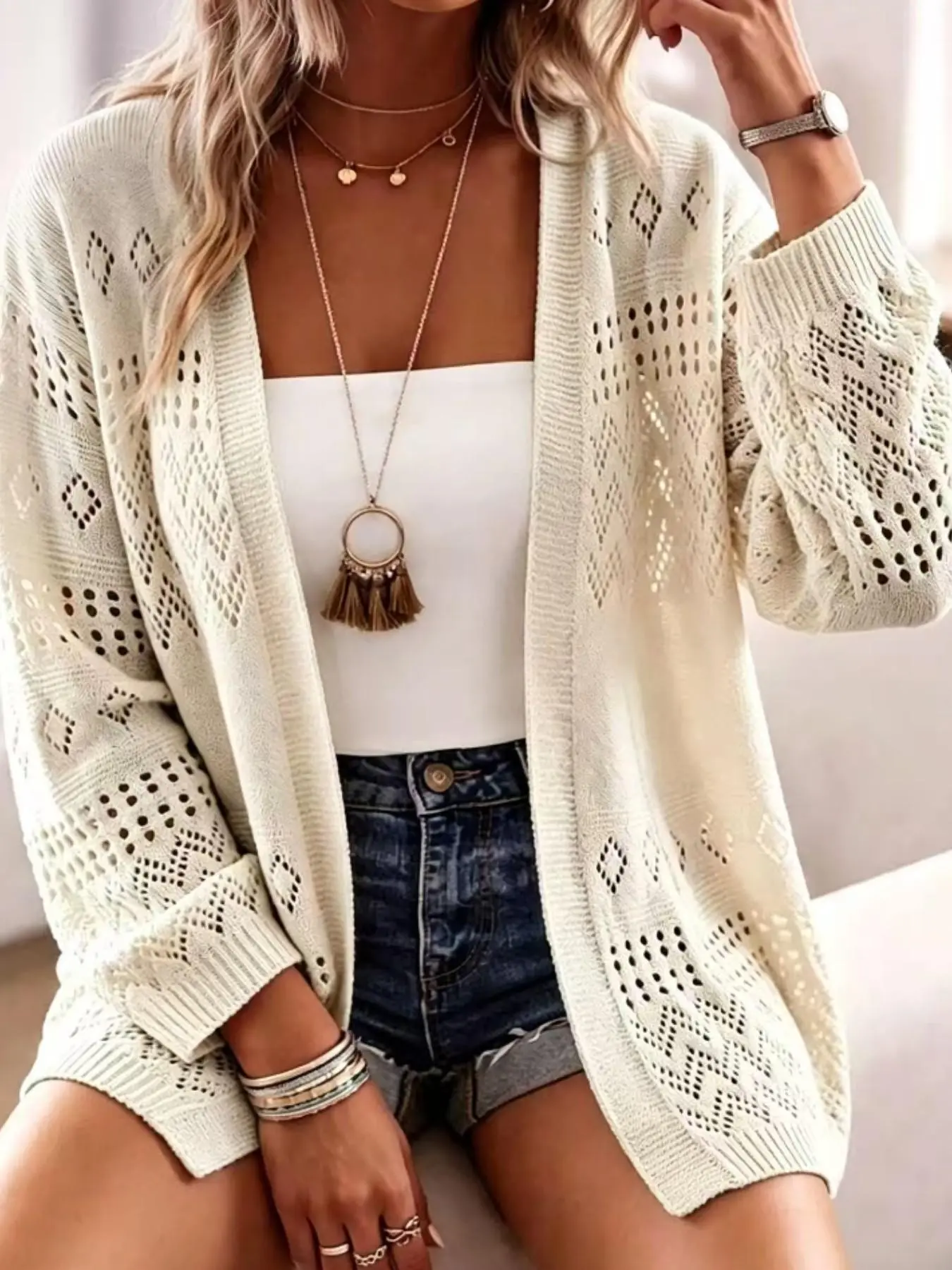 Plus Size Women's Knit Cardigan, Long Sleeve Casual Boho Style, Bohemian, Loose Fit, Simple Design, Solid Color, Front Open, Fall Winter Beach Outerwear