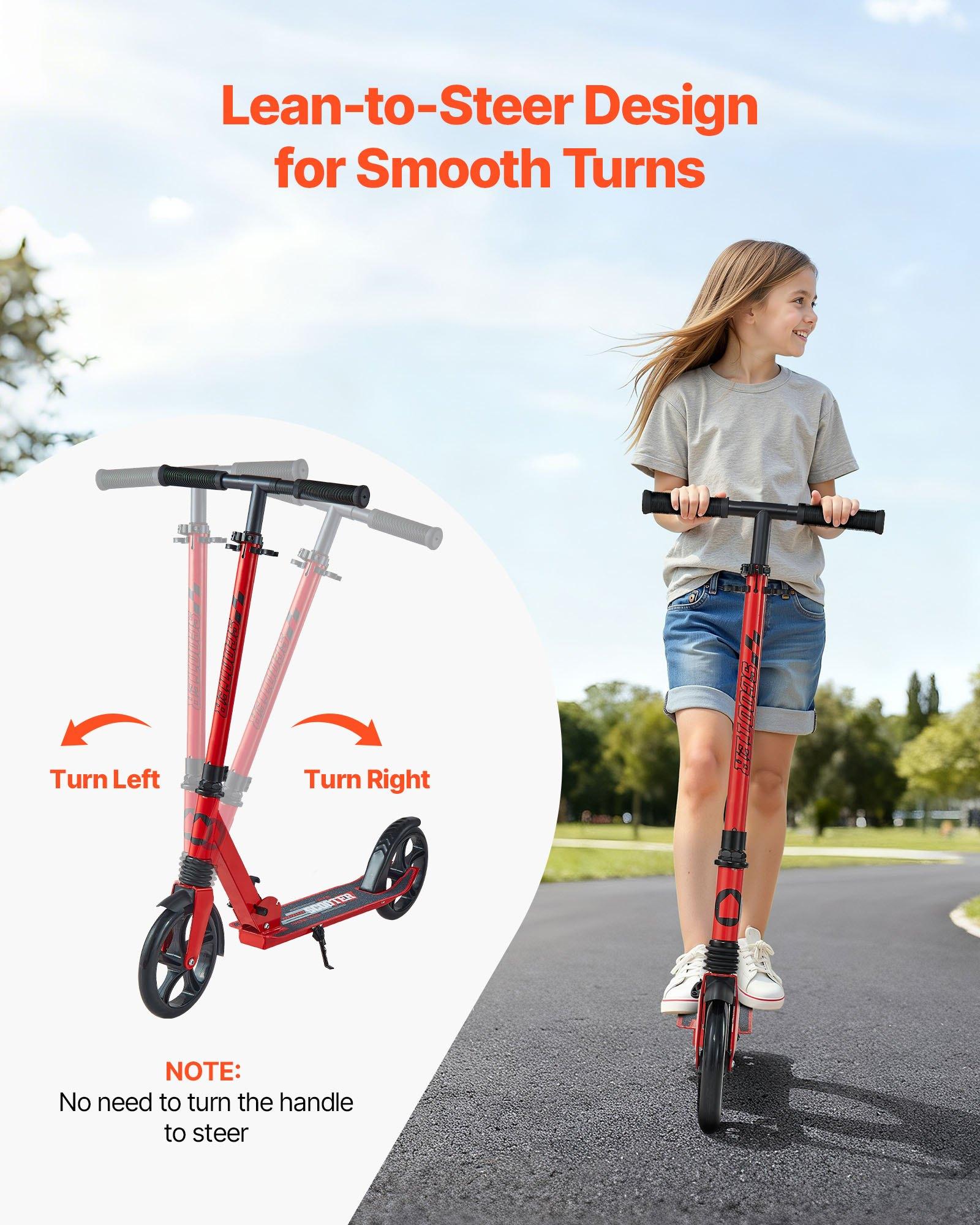 VEVOR Kids 2-Wheel Kick Scooter for Ages 8+, Adjustable Height Handlebar, Wide Anti-Slip Deck, Foldable, Lightweight Compact Design, 220 lbs Max Capacity, Red Black, Outdoor Use
