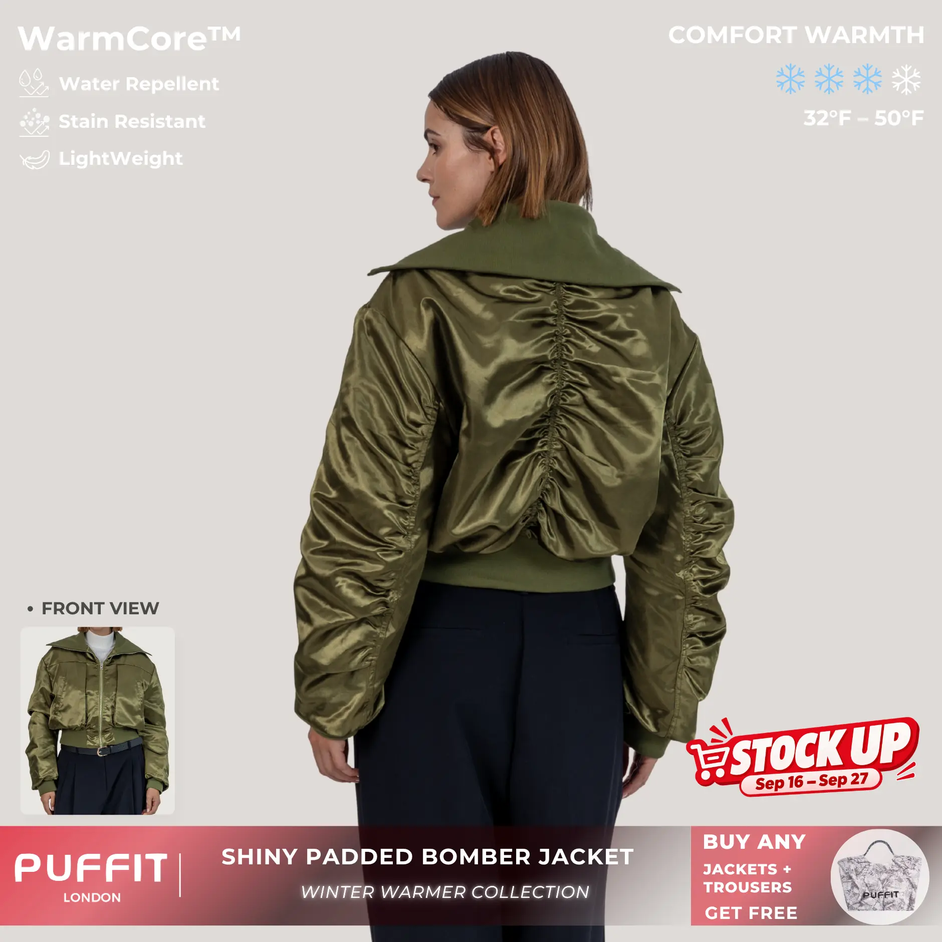 PUFFIT WarmCore Water Repellent Full-Zip Cropped Bomber Padded Jacket With Extra Wide Collar,Stain Resistant,LightWeight,Women's Wear Jackets,Winter Coats,Lady Casual Outerwear Longsleeves Zip Pockets Warm Quilted Coat,Autumn,Shopping,2026