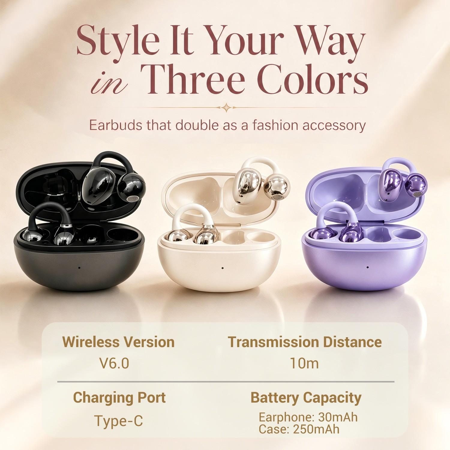 Open-Ear Wireless 6.0 Earphones for iPhone & Android, Bluetooth-compatible Ear Clip Headphones, Headset, Directional Sound, Pain-Free Fit, Multi Color Options