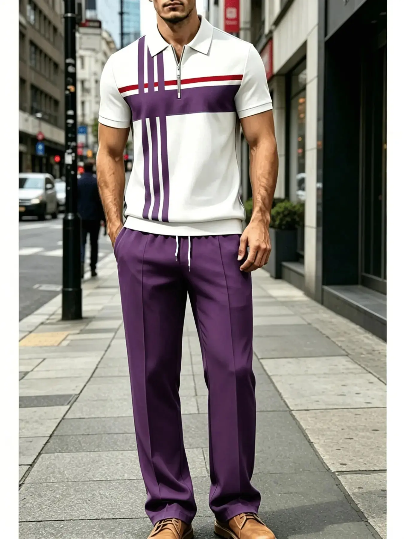 Men's Half-Zip Chain Pattern Polo Short Sleeve Set, Summer Casual Straight Leg Pants Two-Piece Set, Multiple Colors Available