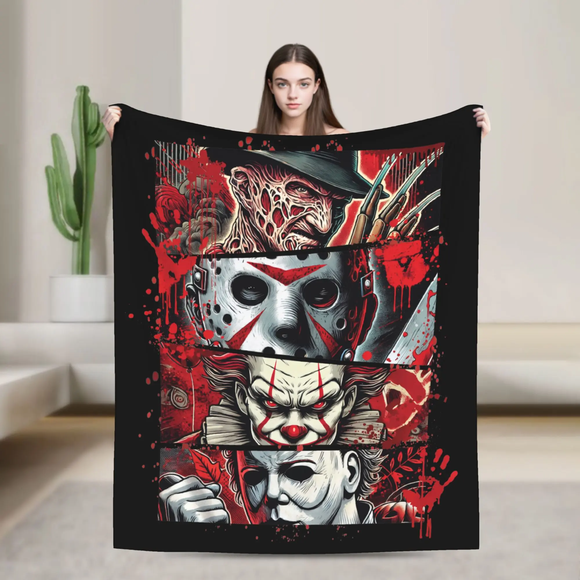 Classic Horror Villains Panel Throw Blanket, Freddy Jason Pennywise  Blood Splatter Flannel  Blanket, Soft Cozy Blanket, Halloween Gift for Horror Movie Fans
