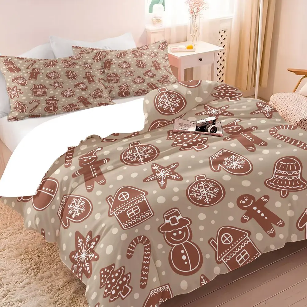 2/3Pcs Christmas Gingerbread Cookie Duvet Cover Set, Cute Holiday Bedding Set, Soft Xmas Duvet Cover with Pillowcase for Kids Bedroom, Cozy Festive Theme Bedding Decor No Fillers