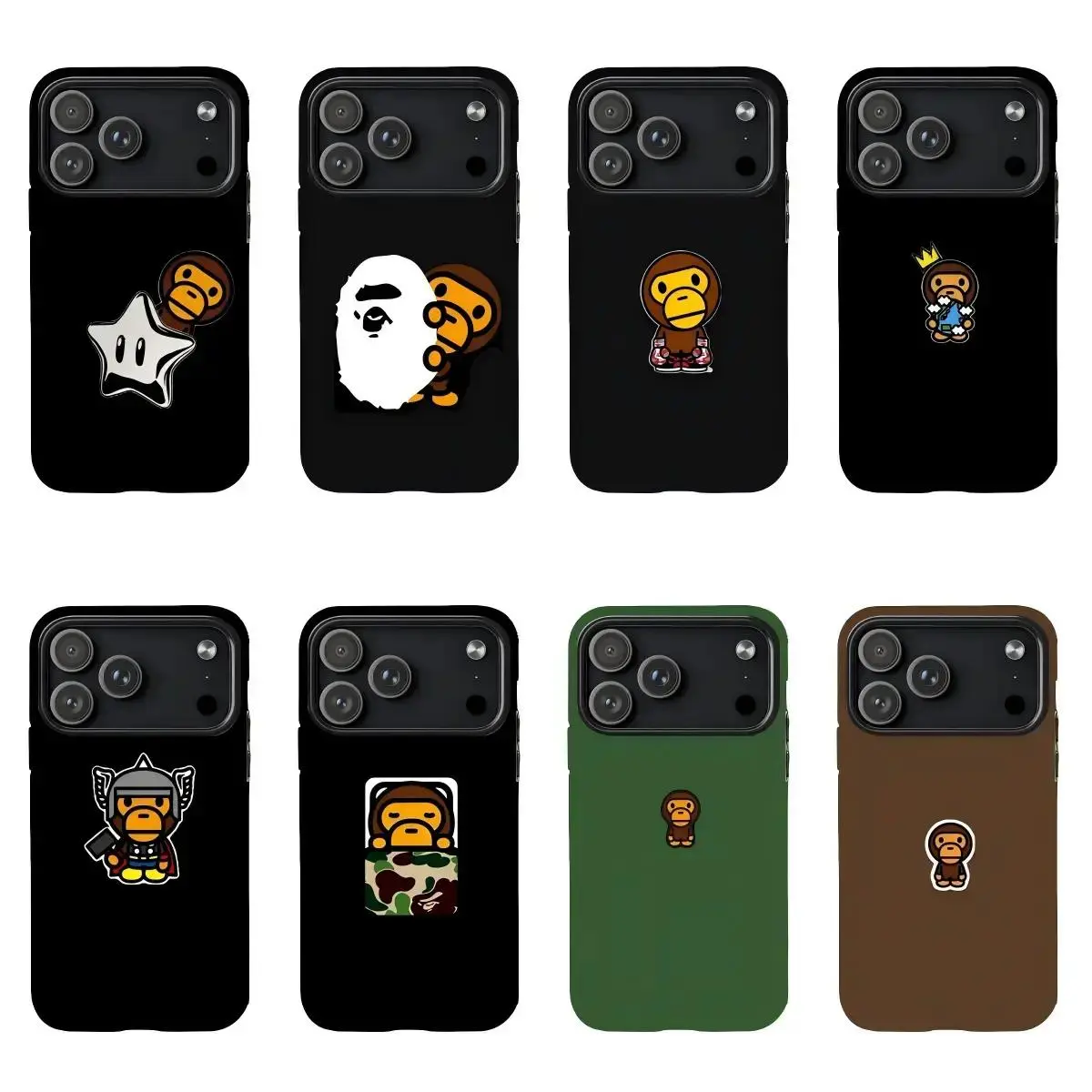 BAPE Baby Milo phone cases for streetwear enthusiasts, compatible with the iPhone 11–17 Pro Max/Plus series and Samsung Galaxy S23–S25 series.