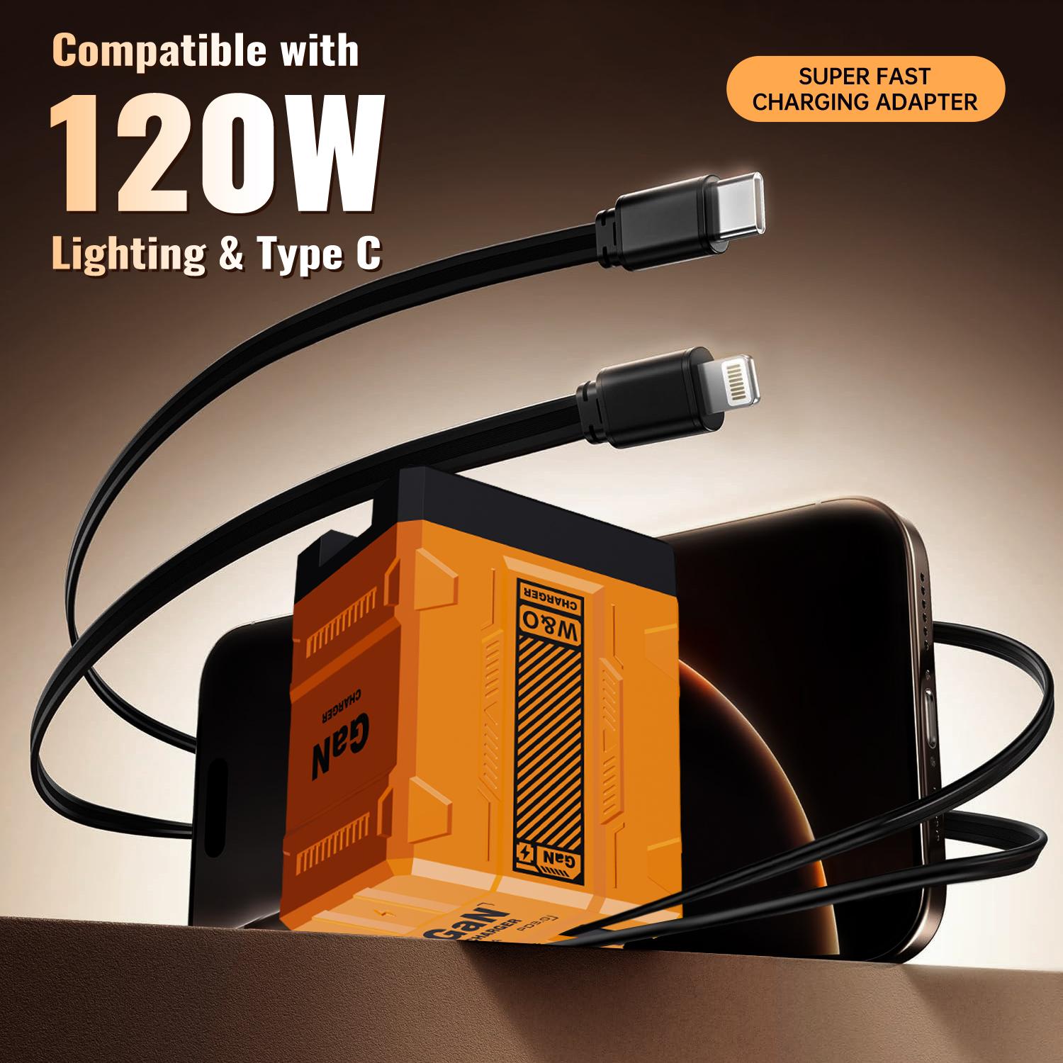 GaN Charger Compatible with 120W Fast Charger with Retractable Type-c and Lighting Cable,Protable Adaptor for iPhone 16, iPad, MacBook, Multi-Device Fast Charging, Folding Charging Cellphone Electronic