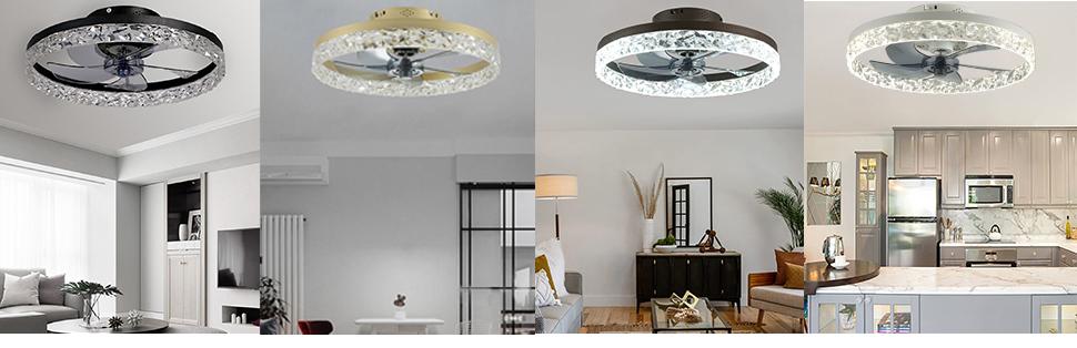 Modern Ceiling Fan with Lights and Remote, Dimmable LED Low Profile Flush Mount Bladeless Fans, Air Circulation 6 Speeds & 3 Color for indoor Bedroom App Control